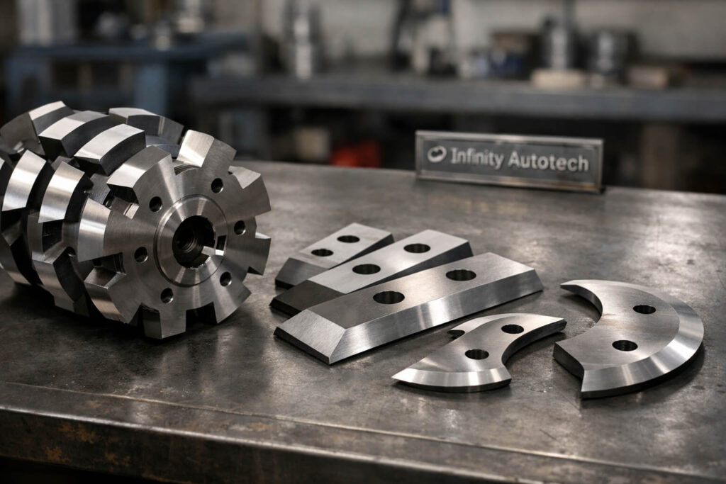 High-precision industrial shredder blades and cutting rotors displayed on a metal workbench in a manufacturing workshop