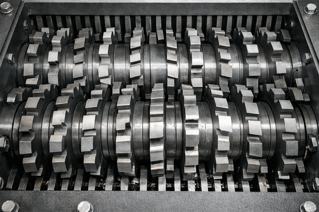 Double shaft shredder blades with interlocking cutting discs inside industrial shredding machine