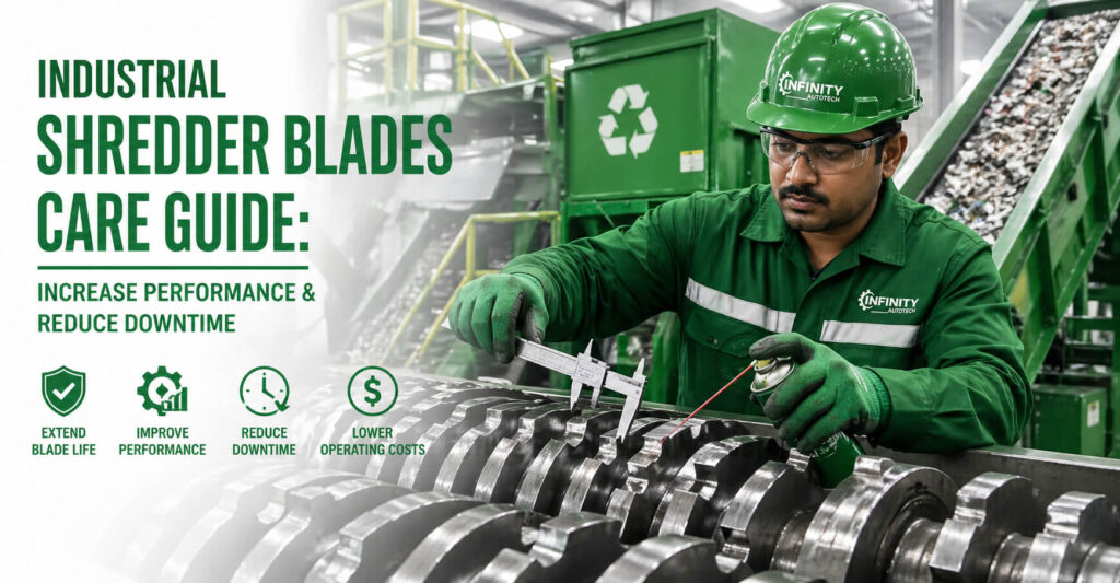 Industrial shredder blades maintenance by Indian technician inspecting blades with caliper in recycling plant