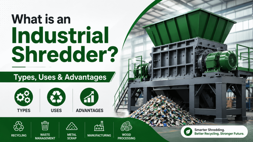 Industrial shredder machine infographic banner showing types, uses, and advantages with green industrial design and recycling applications.