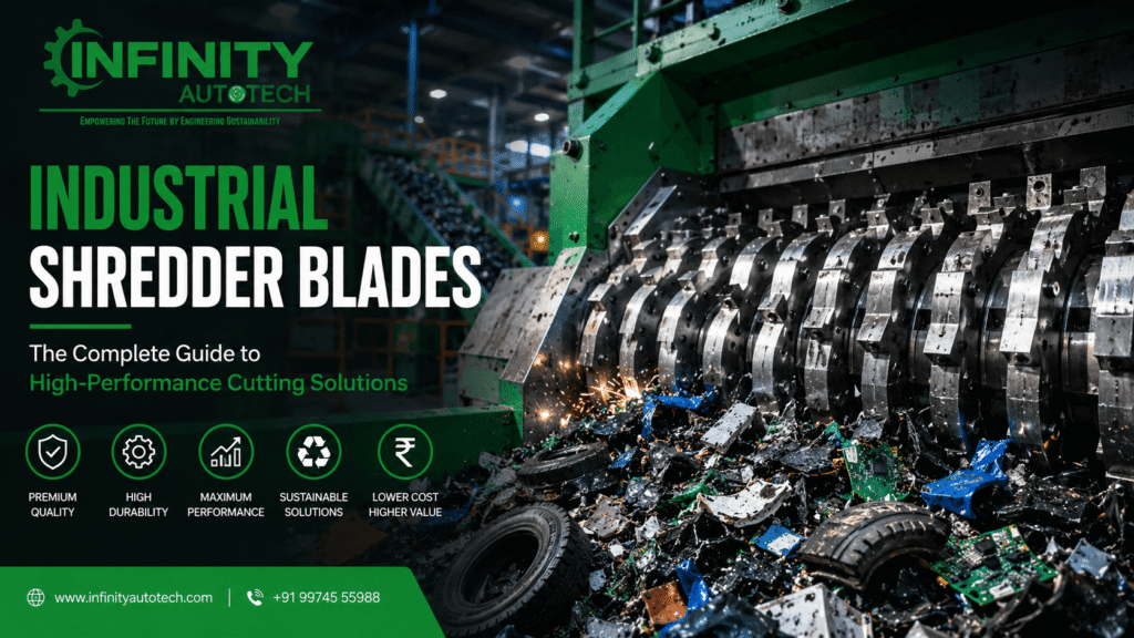 Industrial shredder blades processing e-waste, plastic, rubber, and industrial scrap in a high-performance twin-shaft recycling machine at Infinity Autotech.