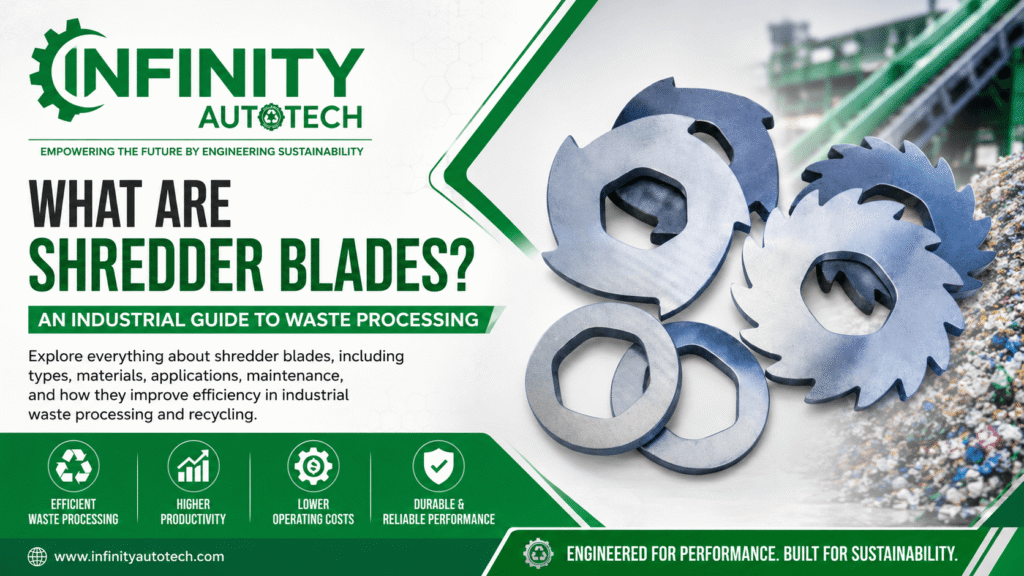 Infinity Autotech industrial shredder blades and spacers featured in a waste processing guide, showcasing high-performance cutting tools for recycling, plastic shredding, metal processing, and industrial waste management applications.