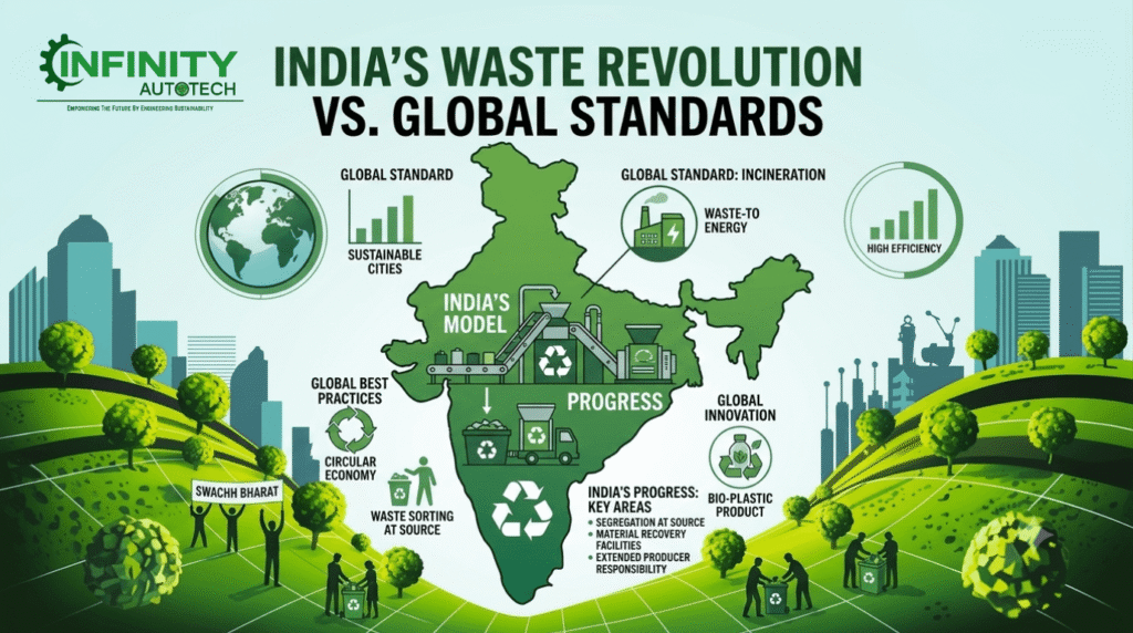 India's waste management infographic showing recycling, circular economy, waste-to-energy, and global sustainability standards.