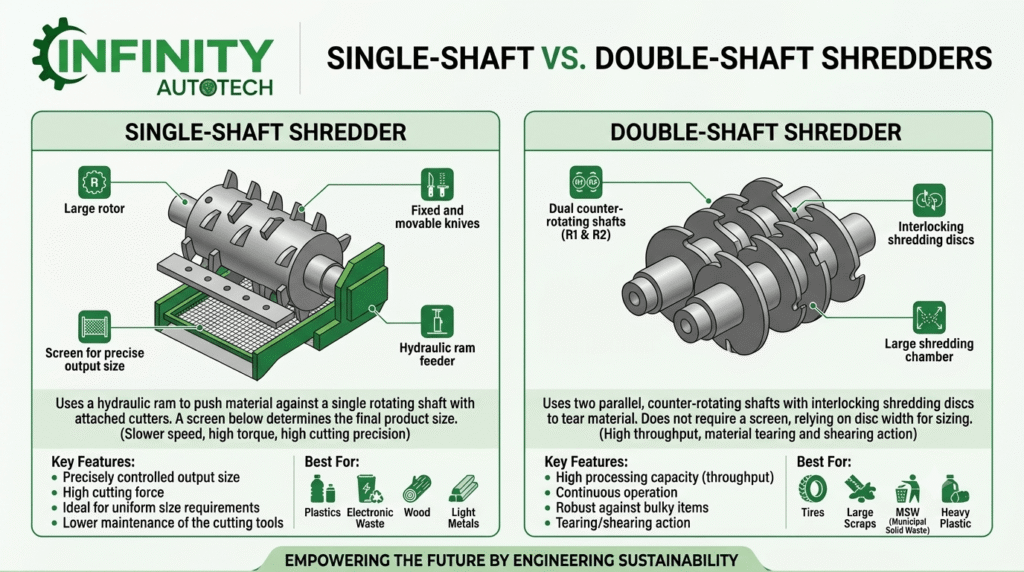 A detailed comparison infographic for industrial shredders, labeled "Single-Shaft VS. Double-Shaft Shredders" under the Infinity AutoTech logo. The graphic features technical illustrations and spec lists for each machine type, with Single-Shaft on the left in a green box and Double-Shaft on the right in a white box. The bottom reads, "Empowering the future by engineering sustainability."