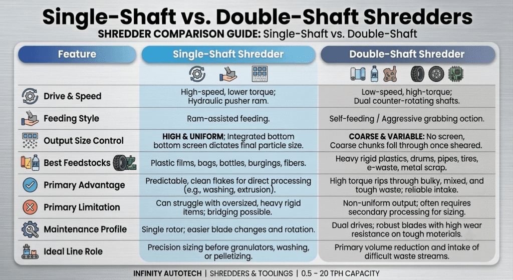 Technical diagram showing the internal cutting mechanisms of single-shaft and double-shaft industrial shredders.