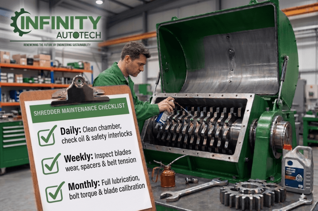 An engineer servicing a green industrial shredder machine next to an Infinity Autotech maintenance checklist clipboard in a workshop setup.