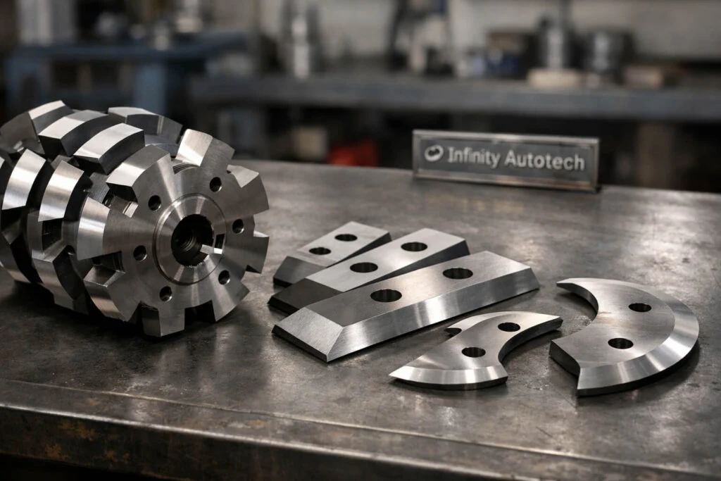 High-precision industrial shredder blades and cutting rotors displayed on a metal workbench in a manufacturing workshop